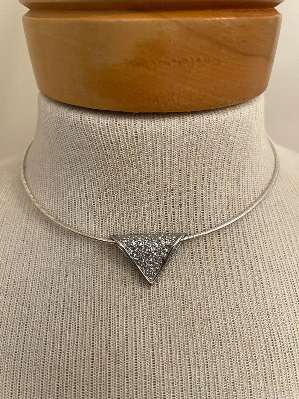 Vintage Silver-tone Wire Necklace with Pave Rhinestone Triangle Pendant - Slide